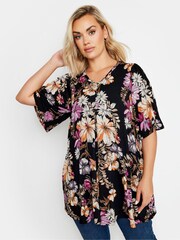 Yours Curve Black & Pink Floral Print Swing Top - Image 1 of 5