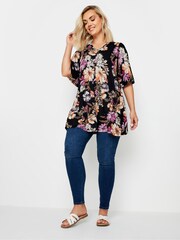 Yours Curve Black & Pink Floral Print Swing Top - Image 2 of 5