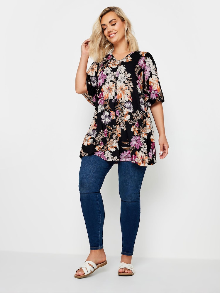 Yours Curve Black & Pink Floral Print Swing Top - Image 2 of 5