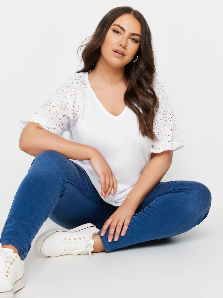 Yours Curve White Anglaise Sleeve 100% Cotton T-Shirt - Image 1 of 5