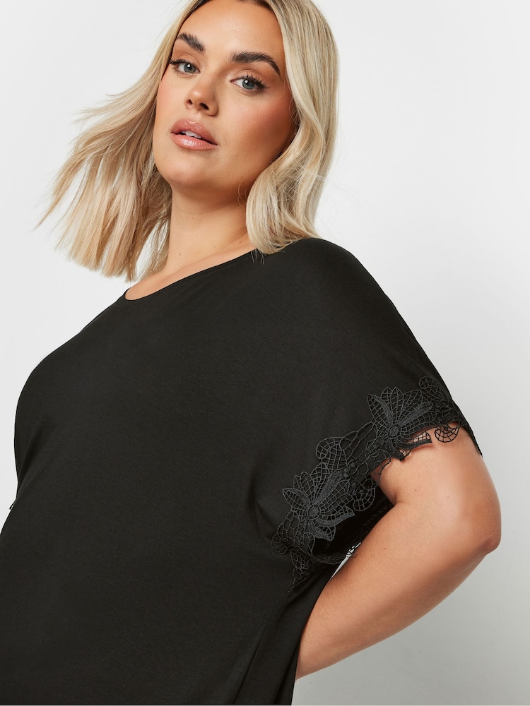 Yours Curve Black Light Lace Detailed T-Shirt - Image 1 of 5