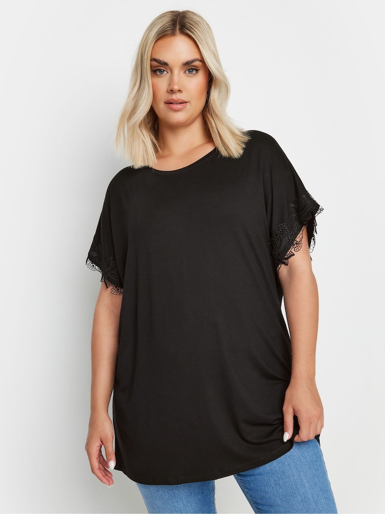 Yours Curve Black Light Lace Detailed T-Shirt - Image 2 of 5