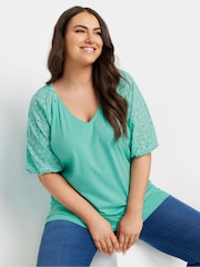 Yours Curve Blue Anglaise Sleeve 100% Cotton T-Shirt - Image 1 of 5