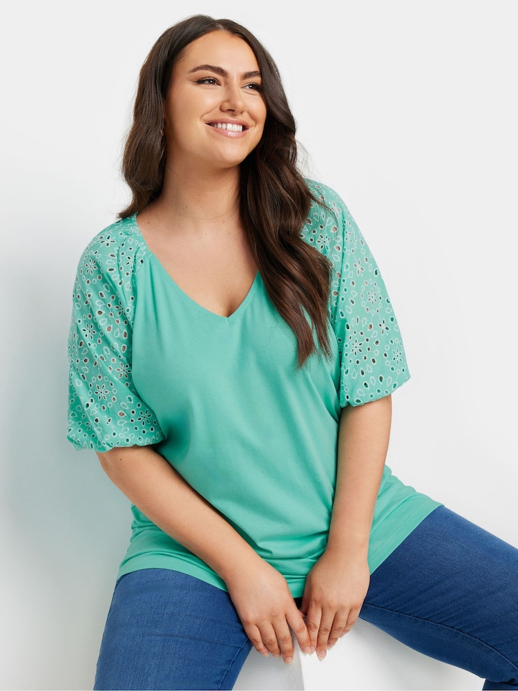 Yours Curve Blue Anglaise Sleeve 100% Cotton T-Shirt - Image 1 of 5