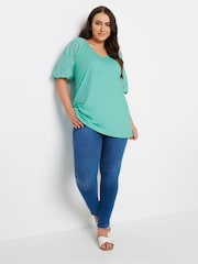 Yours Curve Blue Anglaise Sleeve 100% Cotton T-Shirt - Image 2 of 5