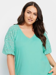 Yours Curve Blue Anglaise Sleeve 100% Cotton T-Shirt - Image 4 of 5
