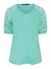 Yours Curve Blue Anglaise Sleeve 100% Cotton T-Shirt - Image 5 of 5