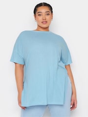 Yours Curve Blue Oversize Side Split Linen Look T-Shirt - Image 1 of 5