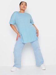 Yours Curve Blue Oversize Side Split Linen Look T-Shirt - Image 2 of 5