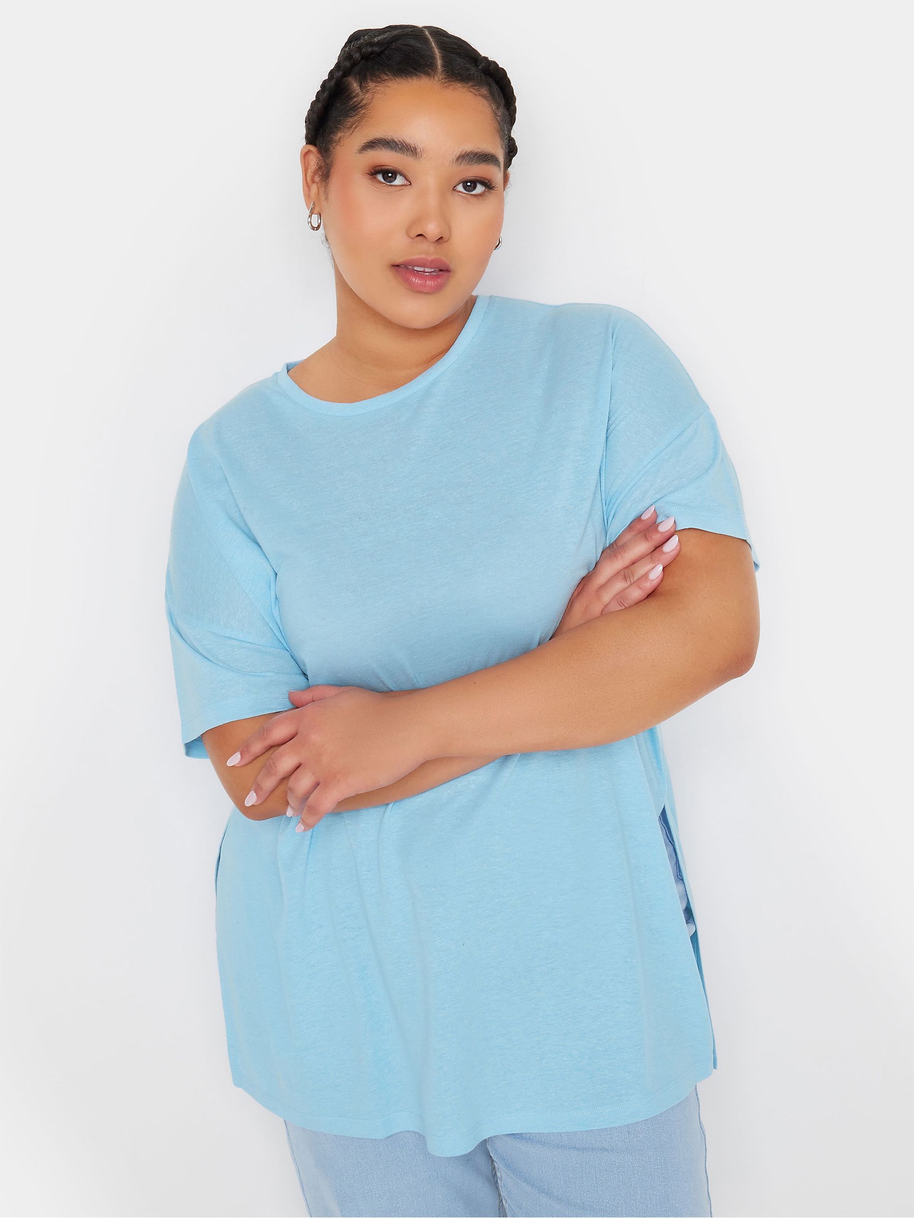 Buy Yours Curve Blue Oversize Side Split Linen Look T-Shirt from