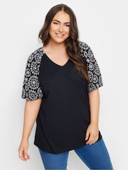 Yours Curve Black Anglaise Sleeve 100% Cotton T-Shirt - Image 1 of 5