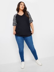 Yours Curve Black Anglaise Sleeve 100% Cotton T-Shirt - Image 2 of 5