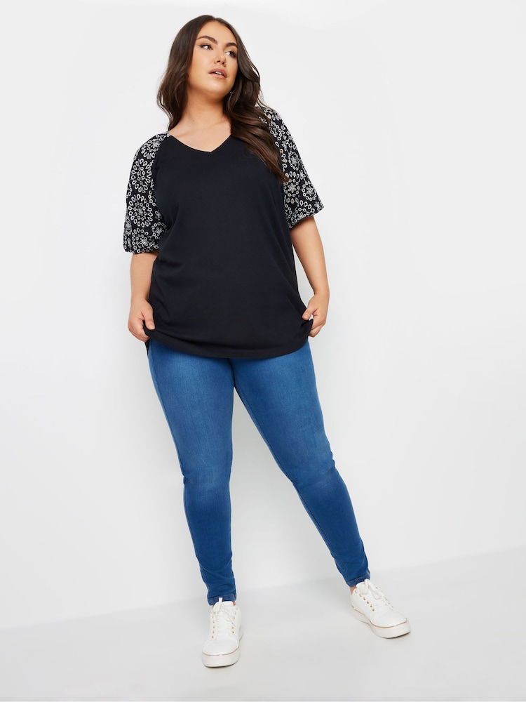 Yours Curve Black Anglaise Sleeve 100% Cotton T-Shirt - Image 2 of 5