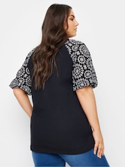 Yours Curve Black Anglaise Sleeve 100% Cotton T-Shirt - Image 3 of 5