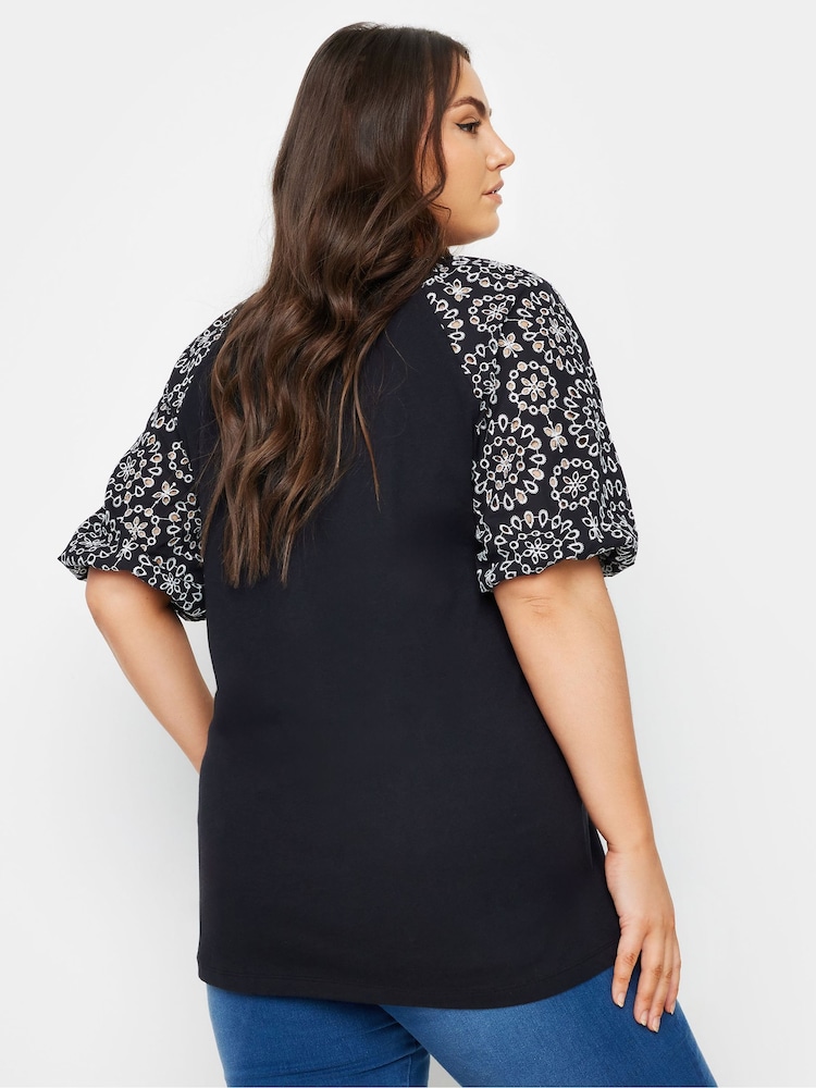 Yours Curve Black Anglaise Sleeve 100% Cotton T-Shirt - Image 3 of 5