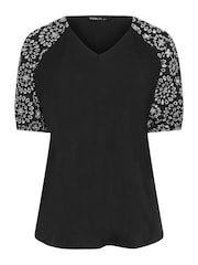 Yours Curve Black Anglaise Sleeve 100% Cotton T-Shirt - Image 5 of 5