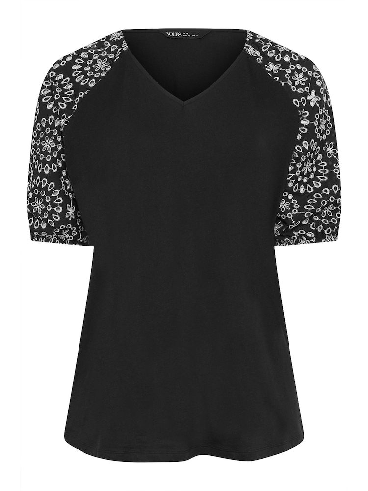 Negro - Yours Curve Anglaise Sleeve 100% Cotton T-Shirt - Imagen 5 de 5 Negro - Yours Curve Anglaise Sleeve 100% Cotton T-Shirt - Imagen 5 de 5