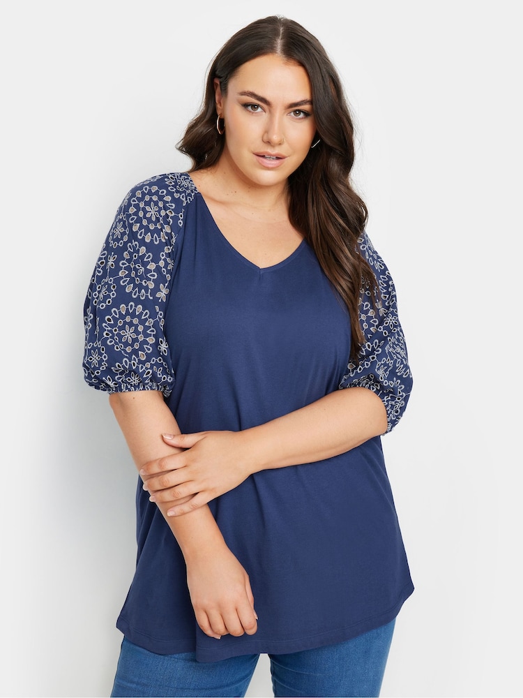 Yours Curve Blue Anglaise Sleeve 100% Cotton T-Shirt - Image 1 of 5