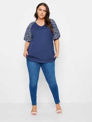 Yours Curve Blue Anglaise Sleeve 100% Cotton T-Shirt - Image 2 of 5