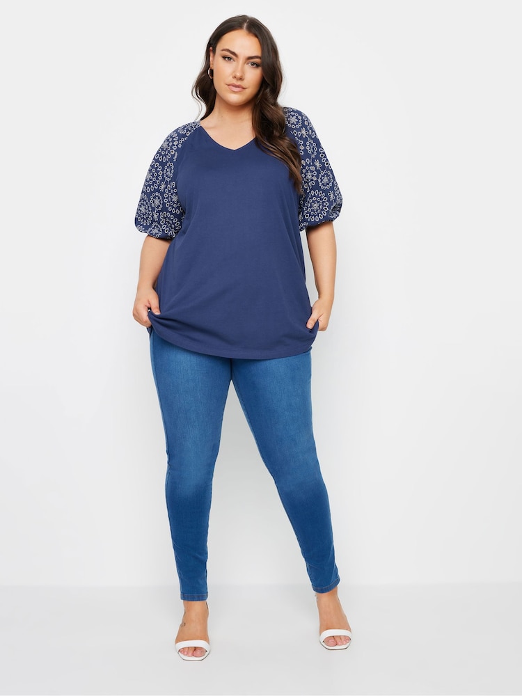 Yours Curve Blue Anglaise Sleeve 100% Cotton T-Shirt - Image 2 of 5
