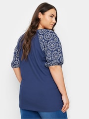 Yours Curve Blue Anglaise Sleeve 100% Cotton T-Shirt - Image 3 of 5