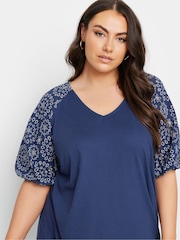Yours Curve Blue Anglaise Sleeve 100% Cotton T-Shirt - Image 4 of 5