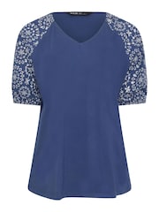 Yours Curve Blue Anglaise Sleeve 100% Cotton T-Shirt - Image 5 of 5