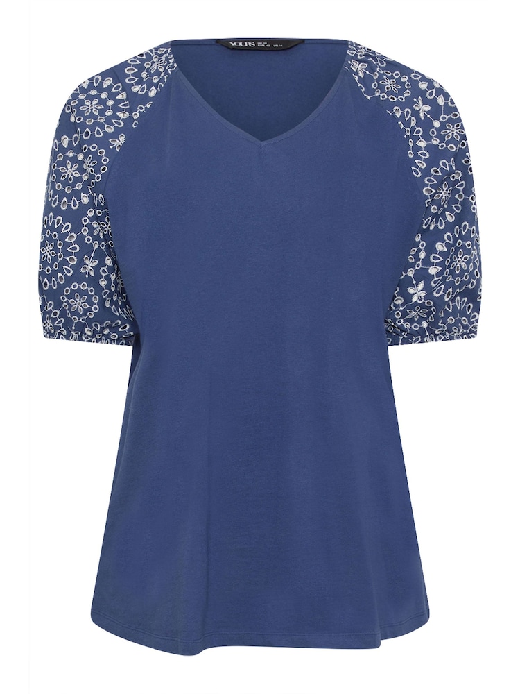 Yours Curve Blue Anglaise Sleeve 100% Cotton T-Shirt - Image 5 of 5