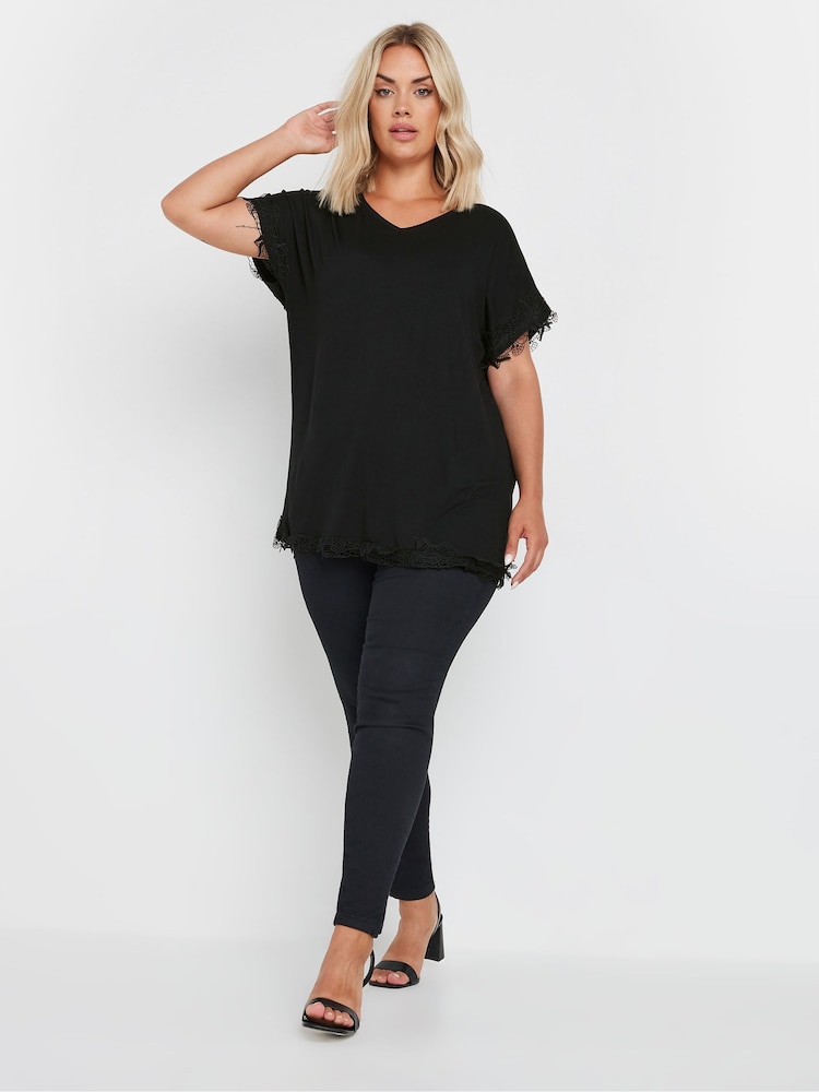 Yours Curve Black Lace Detailed T-Shirt - Image 2 of 5