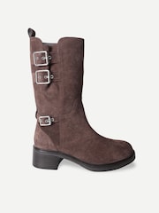 Off The Hook Brown Lumina Suede Buckle Strap Mid Calf Block Heel Boots - Image 2 of 6