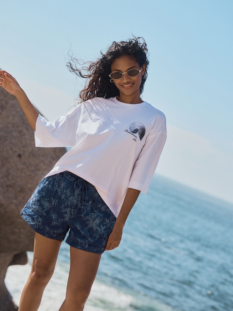 Dark Blue Floral Pull-On Utility Denim Shorts - Image 1 of 3 Dark Blue Floral Pull-On Utility Denim Shorts - Image 1 of 3