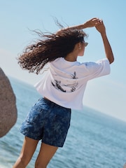 Dark Blue Floral Pull-On Utility Denim Shorts - Image 2 of 3