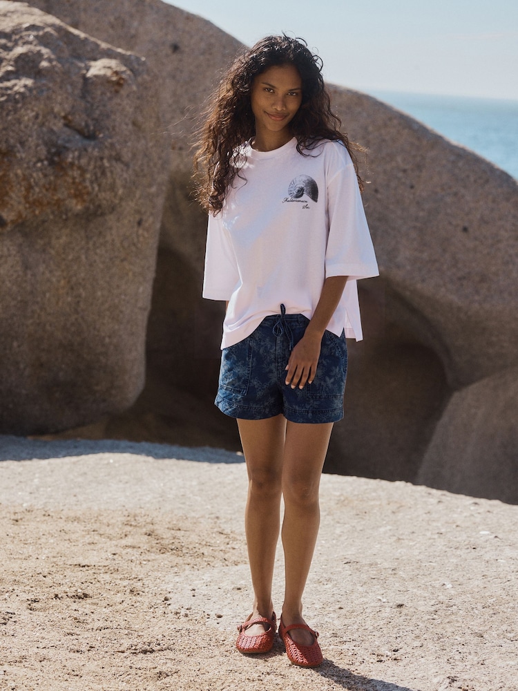 Dark Blue Floral Pull-On Utility Denim Shorts - Image 3 of 3 Dark Blue Floral Pull-On Utility Denim Shorts - Image 3 of 3