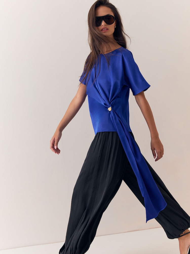 Lipsy Cobalt Blue Satin Draped T-Shirt - Image 2 of 6