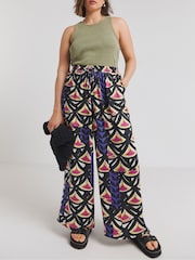 Simply Be Pink Multi Print Satin Wide Leg Trousers - Image 1 of 4