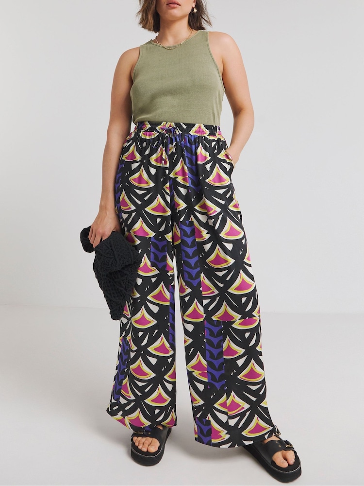Simply Be Pink Multi Print Satin Wide Leg Trousers - Image 1 of 4