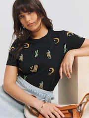 Simply Be Black Jungle Luxe Embroidered 100% Cotton T-Shirt - Image 1 of 4