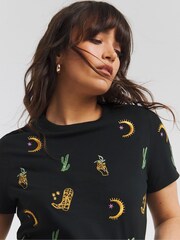 Simply Be Black Jungle Luxe Embroidered 100% Cotton T-Shirt - Image 4 of 4