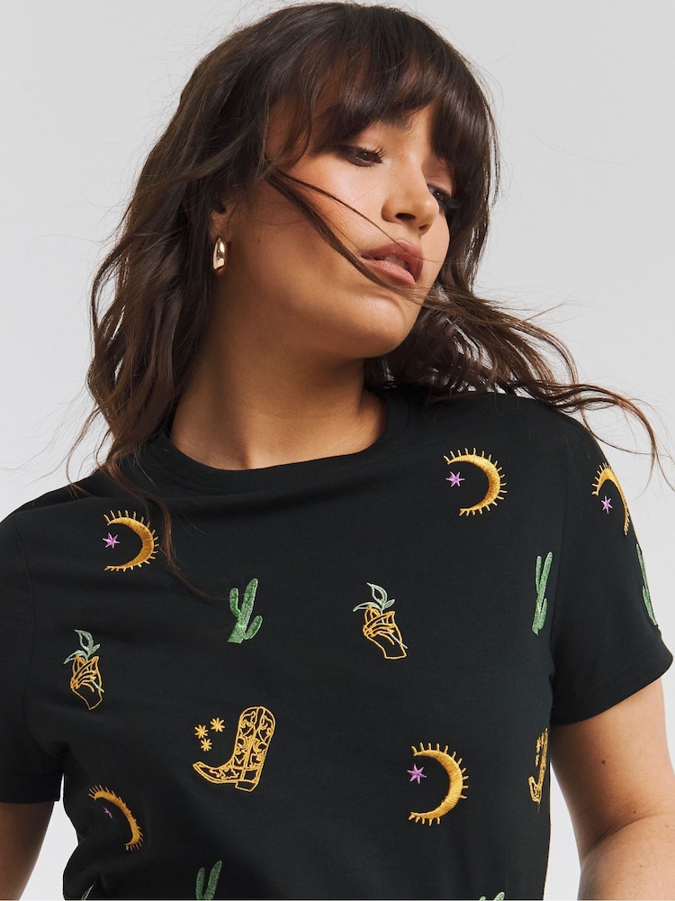 Simply Be Black Jungle Luxe Embroidered 100% Cotton T-Shirt - Image 4 of 4
