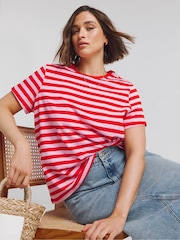 Simply Be Pink Stripe Crew Neck 100% Cotton T-Shirt - Image 1 of 4