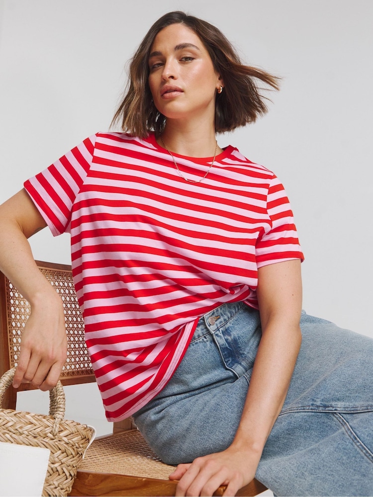 Simply Be Pink Stripe Crew Neck 100% Cotton T-Shirt - Image 1 of 4