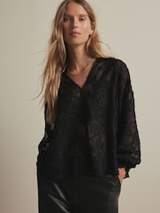 Black Jacquard Boho Long Sleeve Tie Neck Blouse - Image 1 of 8
