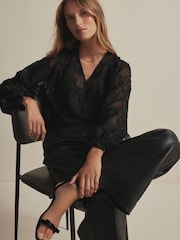 Black Jacquard Boho Long Sleeve Tie Neck Blouse - Image 2 of 8