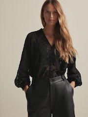 Black Jacquard Boho Long Sleeve Tie Neck Blouse - Image 3 of 8