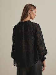 Black Jacquard Boho Long Sleeve Tie Neck Blouse - Image 4 of 8