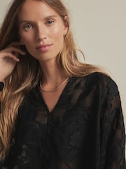 Black Jacquard Boho Long Sleeve Tie Neck Blouse - Image 5 of 8