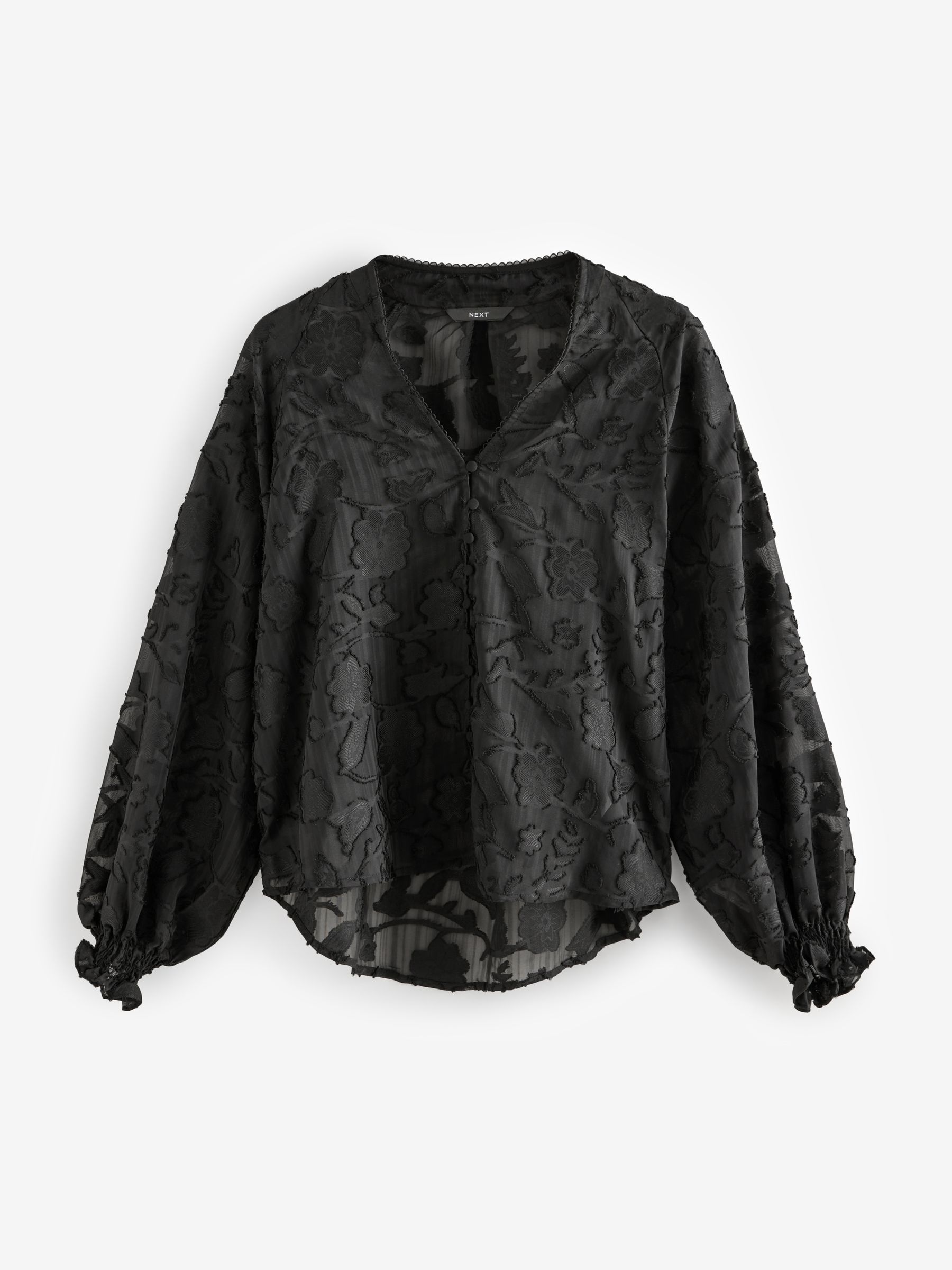 Black Jacquard Boho Long Sleeve Tie Neck Blouse