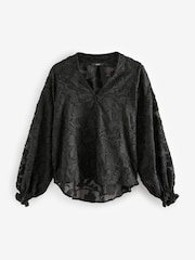 Black Jacquard Boho Long Sleeve Tie Neck Blouse - Image 6 of 8