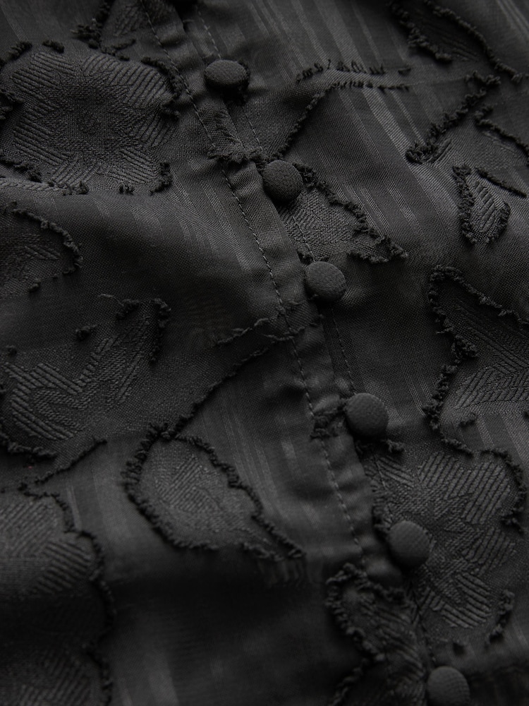Black Jacquard Boho Long Sleeve Tie Neck Blouse - Image 8 of 8