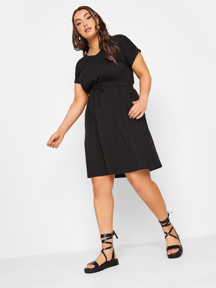 Yours Curve Black T-Shirt Drawcord 100% Cotton Dress - Image 1 of 5